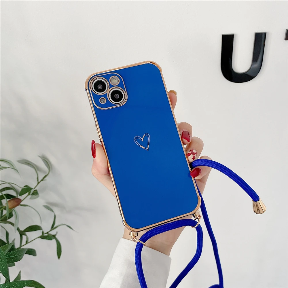 iphone 12 cover case Cute Electroplated Love Heart Lanyard Case For iPhone 11 12 13 Pro Max XS XR X 7 8 Plus Mini SE 2 Cord Rope Necklace Strap Cover apple iphone 12 case