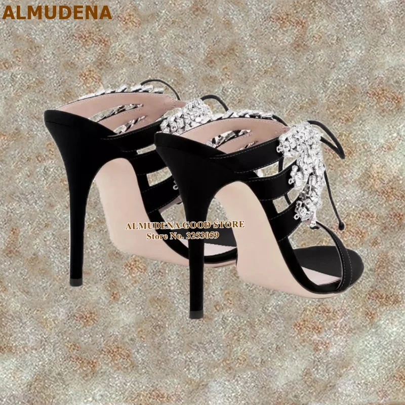 ALMUDENA; шикарные босоножки на высоком каблуке со стразами; цвет фуксия; атласная ткань; свадебные туфли с перекрестными ремешками и бабочкой; розовые туфли на шпильках