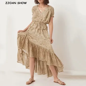 

2019 Bohemian Khaki Floral Print Long Skirt Women Shirring Stitching pleated Lacing up Stream Elastic Waist Swing Skirts Beach