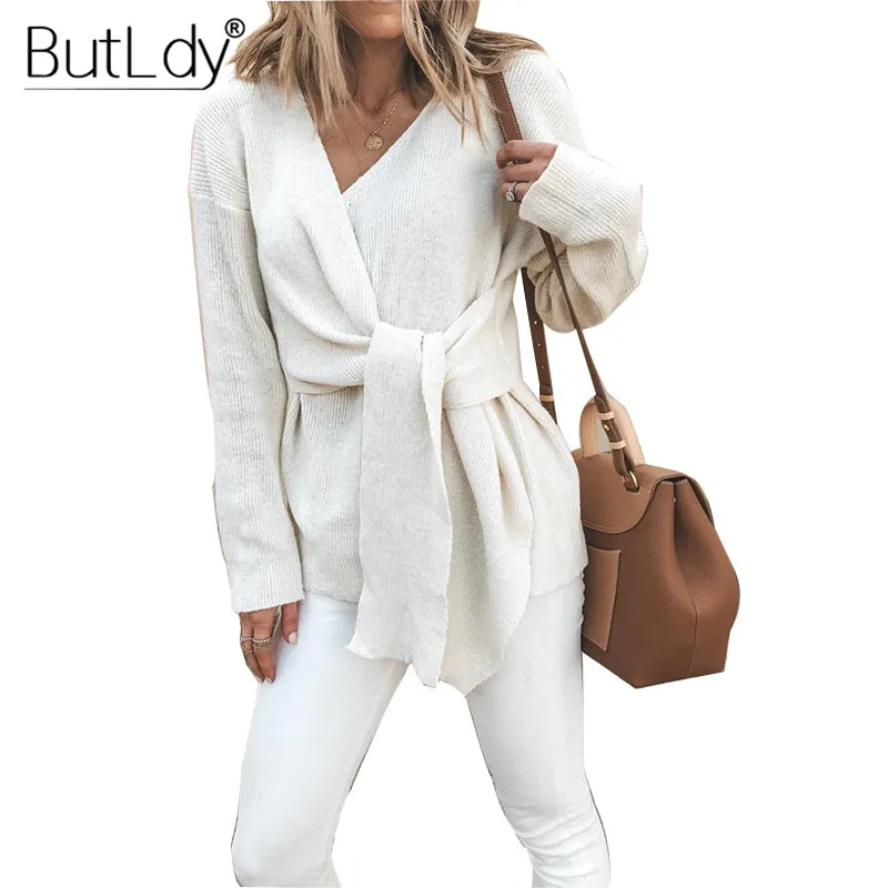 

Lace Up Solid Slim Sweater Women V-neck 2019 Autumn Winter New Style Pullover Female Irregular Long Sleeve Sweater for Women