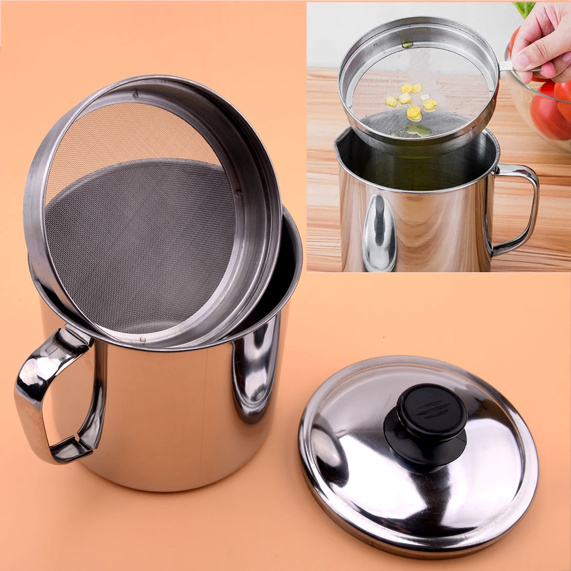 

1.8L Stainless Steel Household Kitchen Cooking Oil Pot Soup Grease Strainer Separator Colander Container