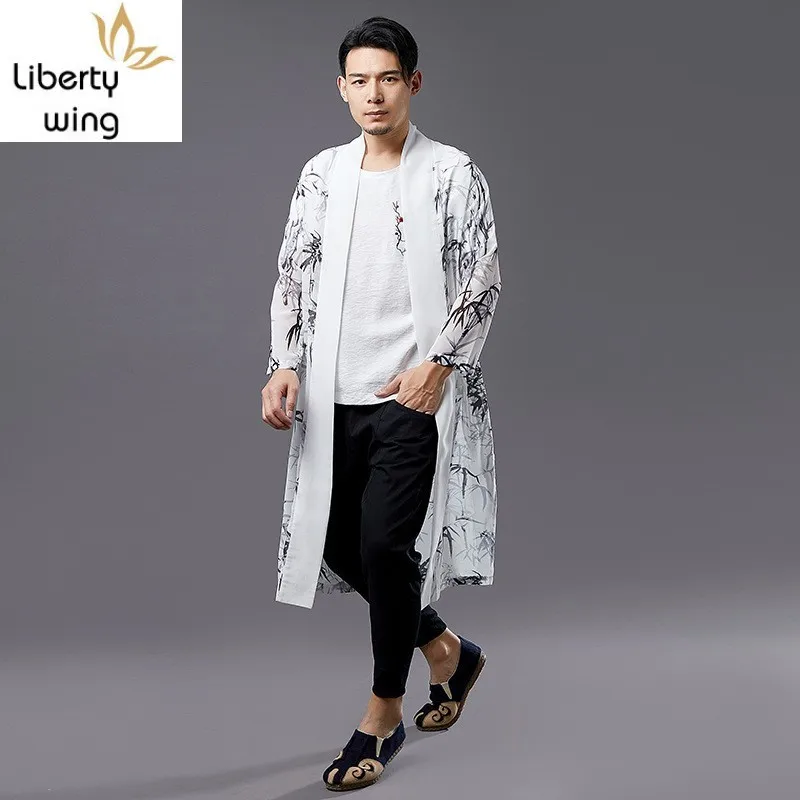 

Summer Chinese Style Fashion Bamboo Leaf Printing Mens Chiffon Shirts Long Sleeve Open Stitch Sun Protection Shirt Coats