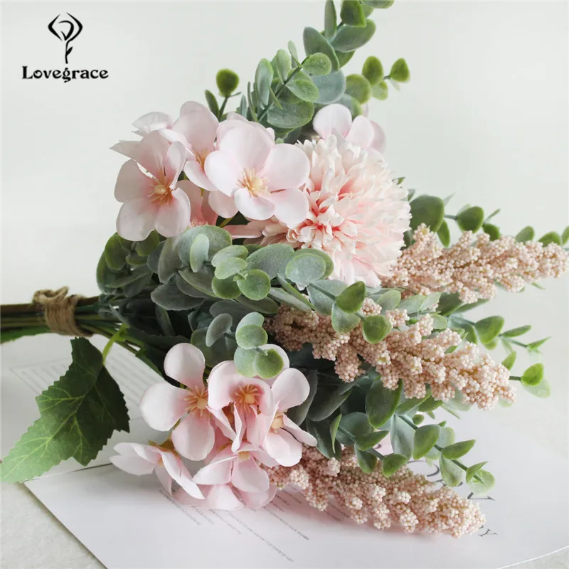 Artificial Silk Pompon Luckyball Flowers Bouquet Green Eucylaptus Flores Wedding Home Party DIY Decor Fake | Свадьбы и торжества