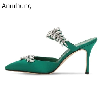 

Jeweled One-strap High Heel Shoes Woman 10cm Thin Heel Pointed Toe Cover Toes Luxury Satin Rhinestone Slippers Women