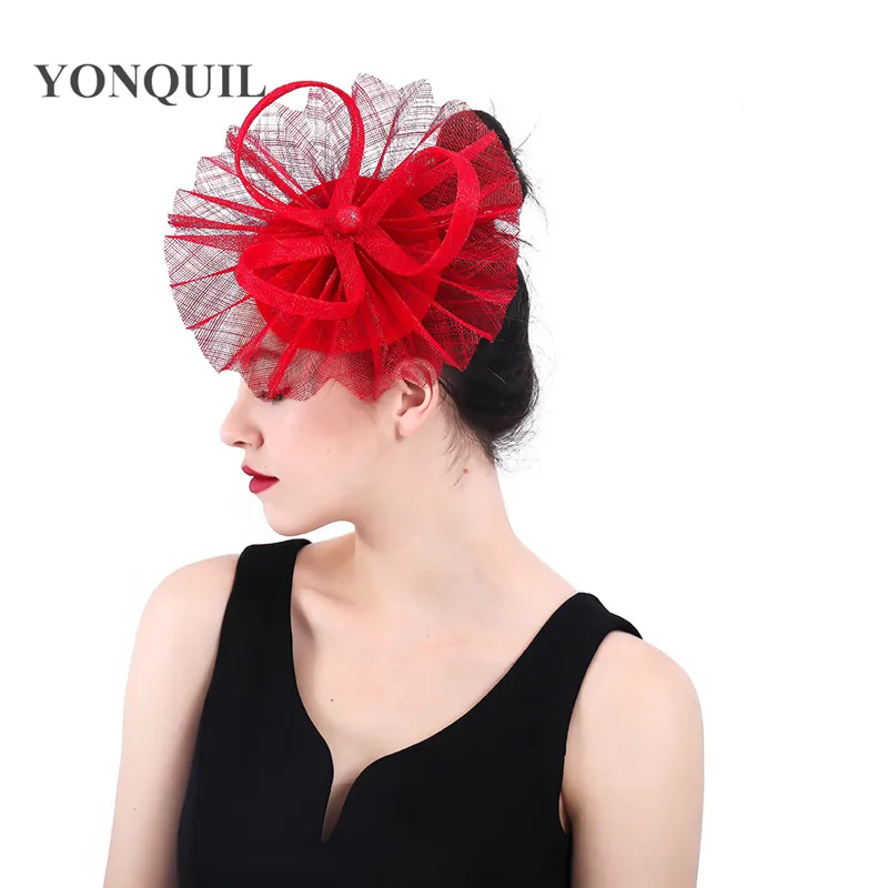 Sinamay red charming headwear fashion wedding lady fascinator headband hoops headpiece nice church occasion fedora hair clips