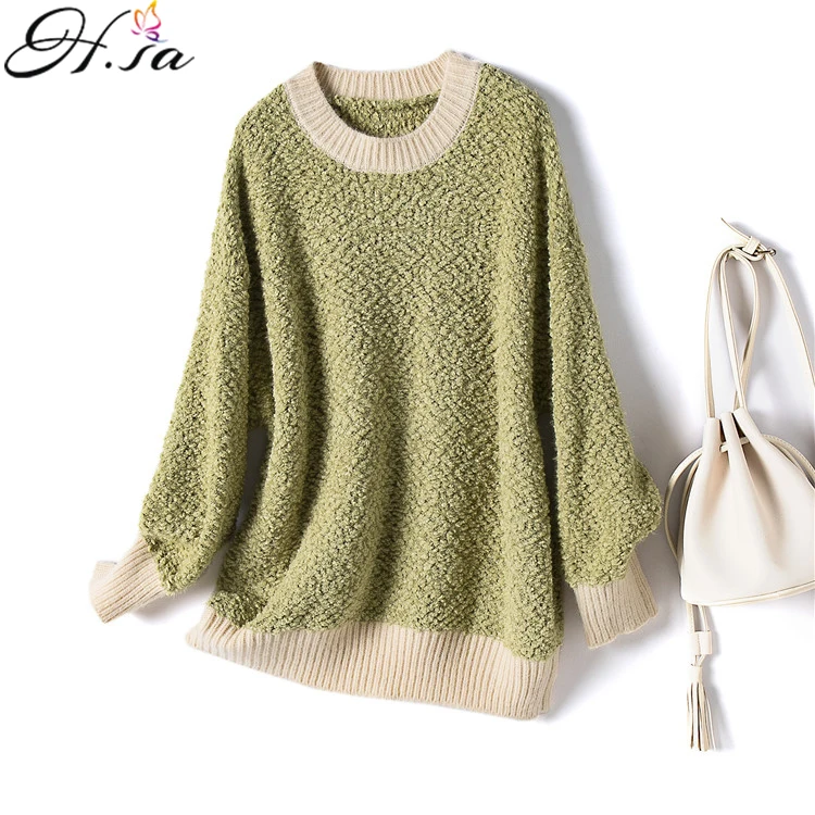 

H.SA Korean Fashion women pullovers winter jumpers knitwear Mohair Soft Warm Patchwork Knitwear Loose Knitted Sweaters Winter