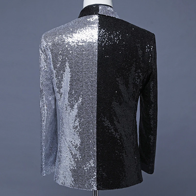 Male singer hosted suit half black half silver sequined suit fashion asymmetrical coat hair stylist green fruit collar Blazer Male singer hosted suit half black half silver sequined suit fashion asymmetrical coat hair stylist green fruit collar Blazer