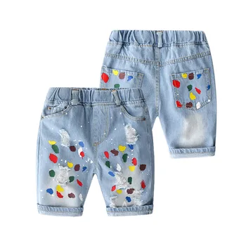 

2020 Summer Fashion 3-8 10 12 Years Teenage Sports Kids 5 Capris Calf-length Cartoon Handsome Baby Boy Denim Hole Jeans