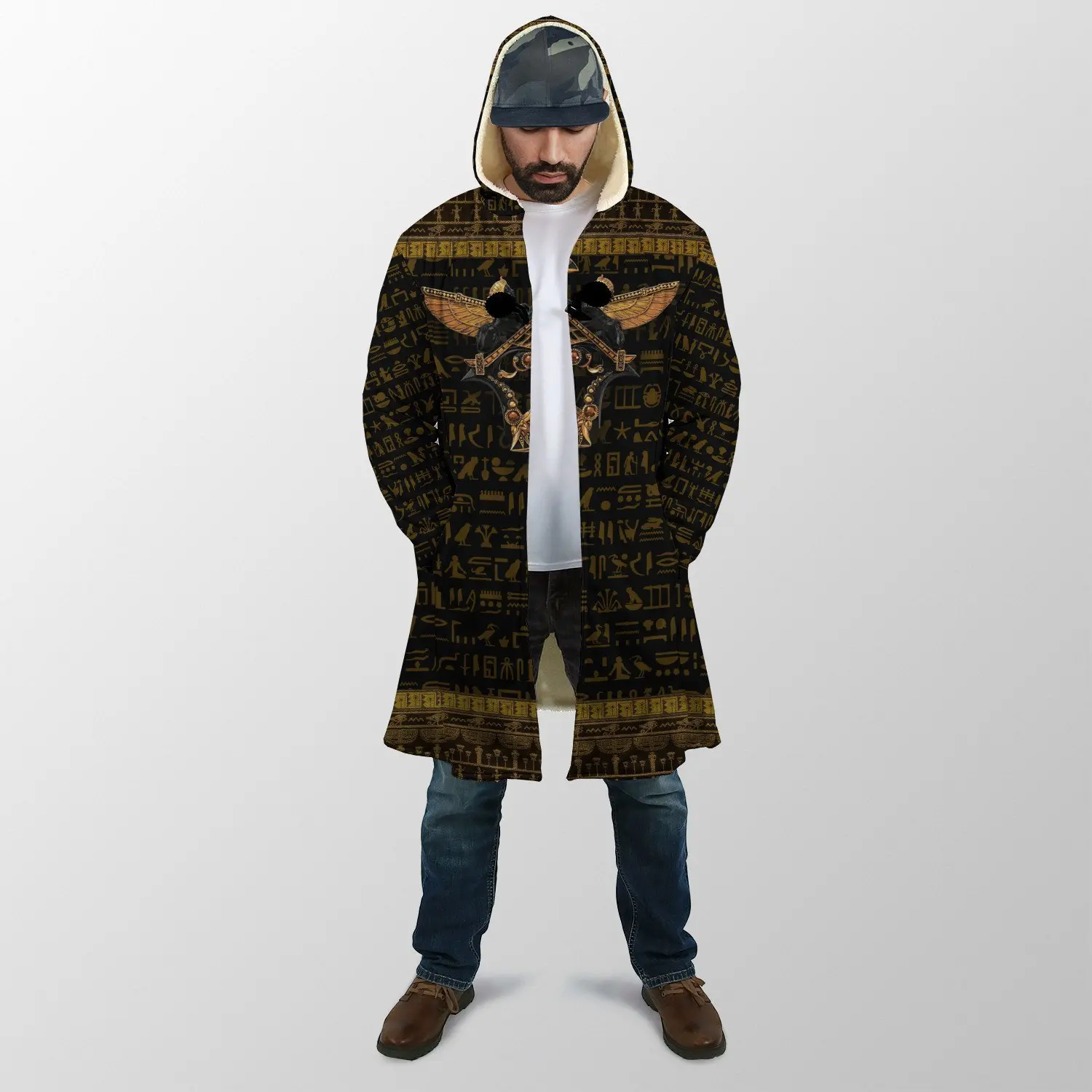 Winter Mode Herren Mantel Alte Ägypten Götter Anubis 3D Druck Fleece Mit Kapuze mantel Unisex Casual Dicke Warme Cape mantel PJ-04 – Detail 28