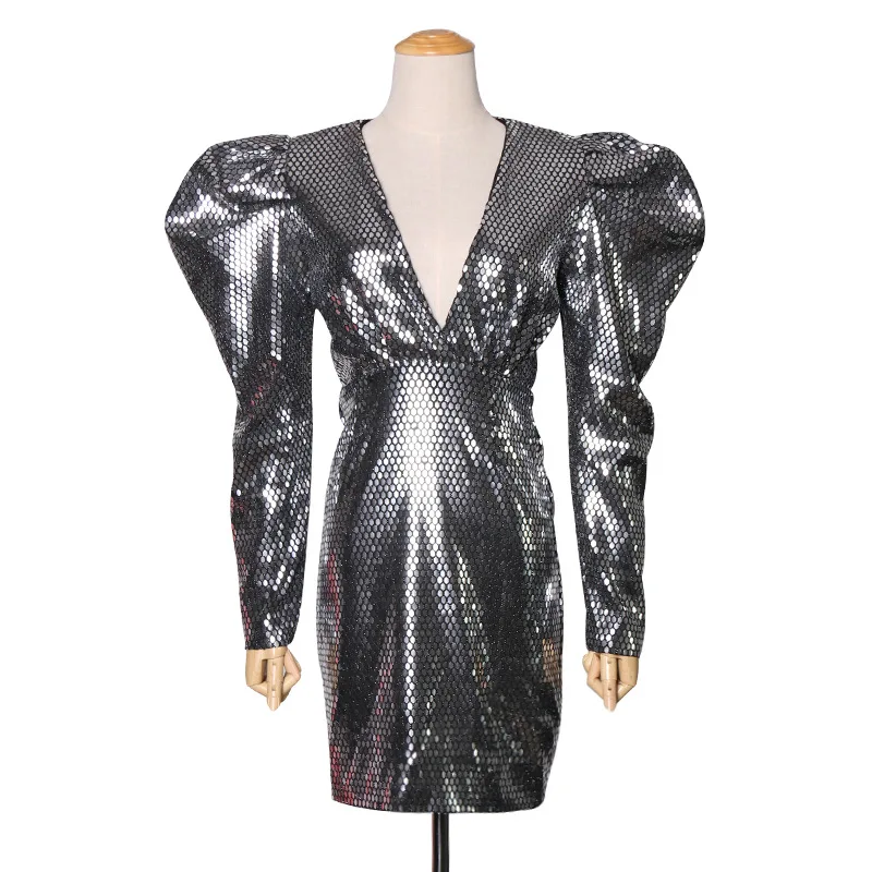 EDGLuLu new arrival high quality vintage puff sleeve dress v neck party evening elegant luxury black sequins dress for woman - Цвет: Серебристый