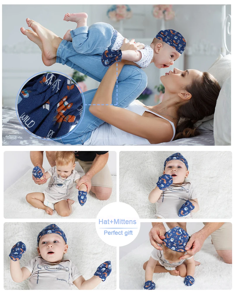 Newborn Baby 3 Caps and 4 Scratch Mittens 0-3 Month Baby Accessories Cotton Hat&Gloves