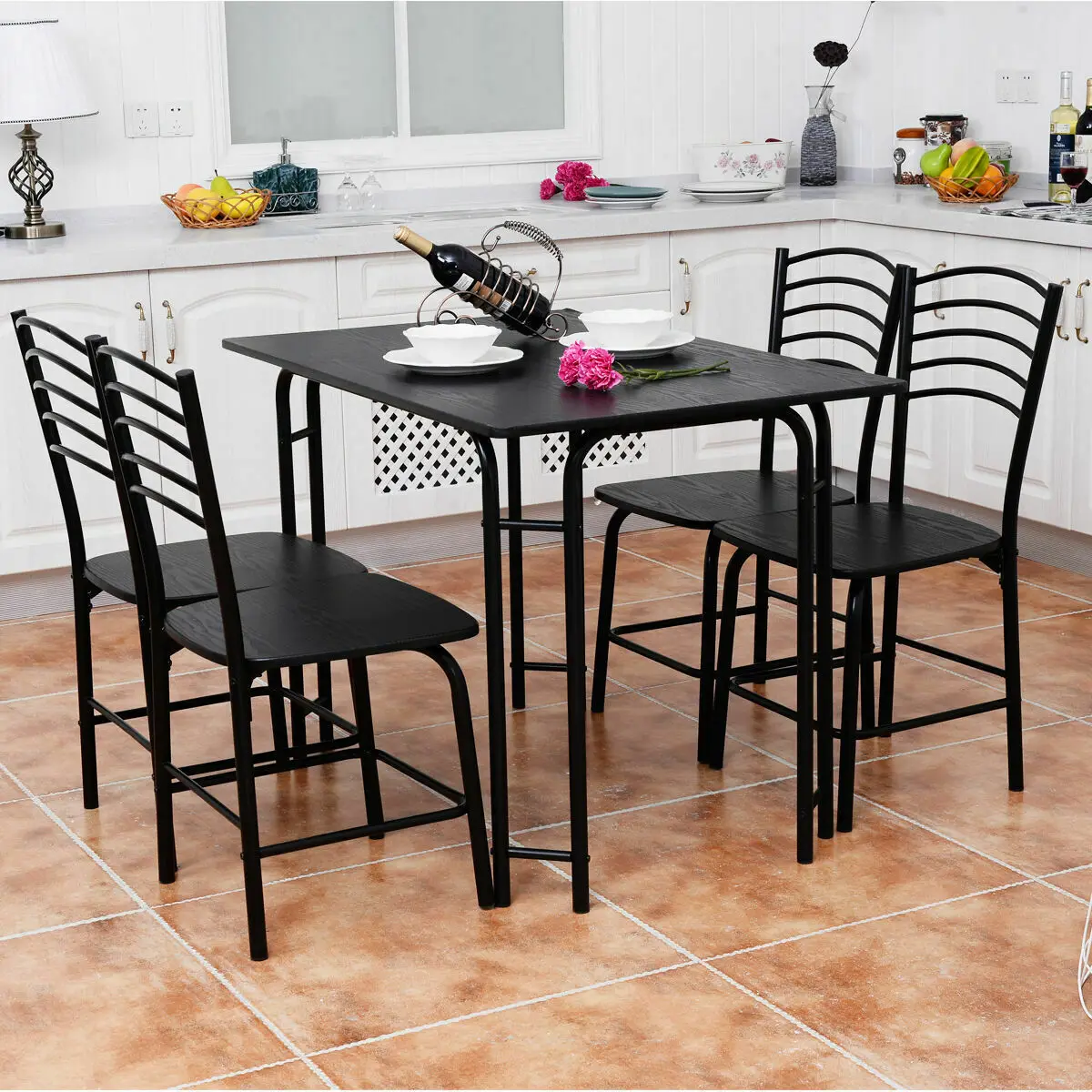 

5 Pcs Modern Dining Table Set 4 Chairs Steel Frame Home Kitchen Furniture Black