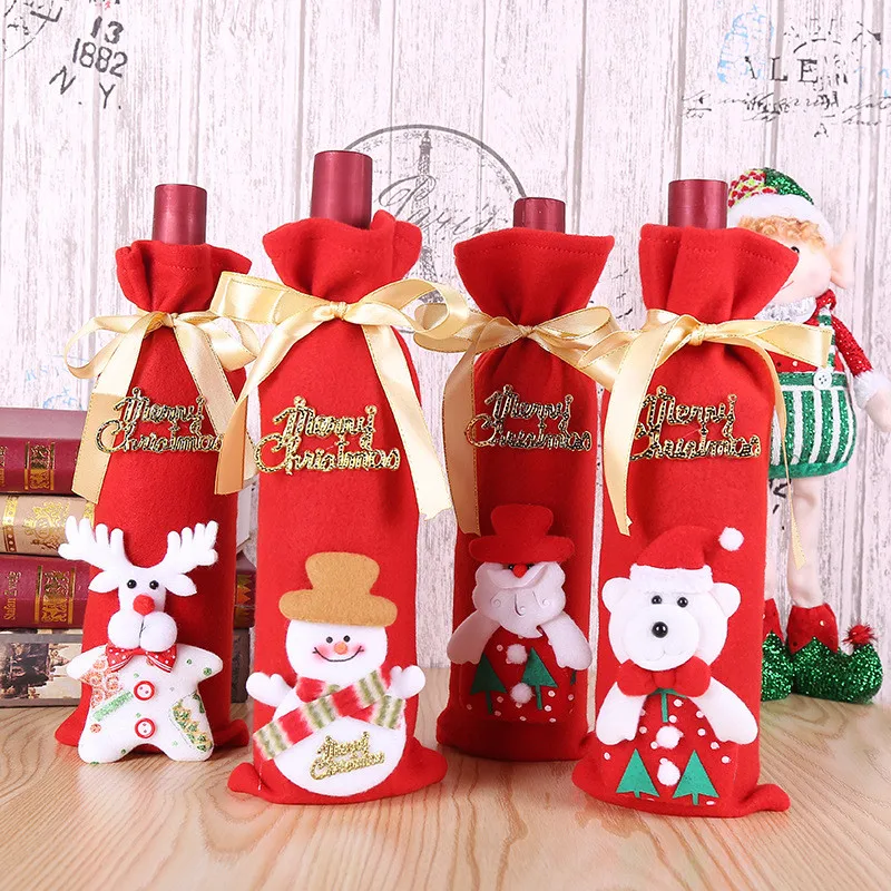 

Xmas Red Wine Bottle Cover Bags with Drawstrings Santa Snowman Elk Wine Bottle Decor Velvet Jewelry Pouches