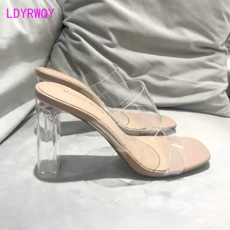 2021 new summer transparent women's mid-heel thick-heel crystal high-heeled slippers