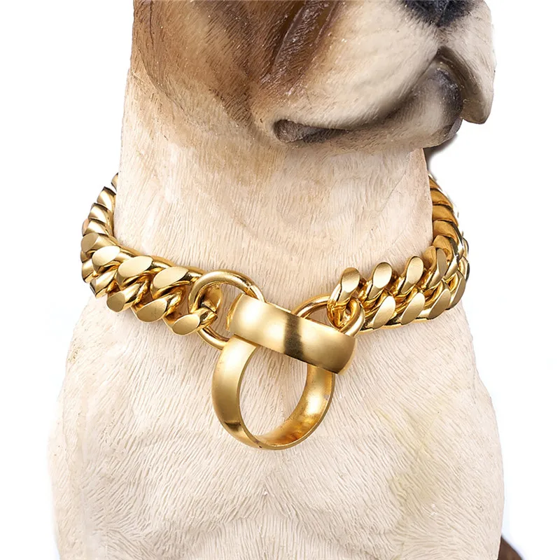 Strong Metal Dog Chain Collars Stainless Steel Pet Training Choke Collar  for Large Dogs Pitbull Bulldog Gold Solid Cuban Collar - AliExpress