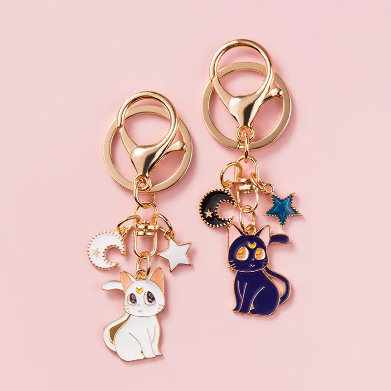 Cute Catoon Cat Metal Keychain White Blue Green Dinosaur Yellow Puppy Car Bag Keyring Girl Boy Couple Jewelry Headset Pendant