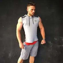 Мужской спортивный Приталенный жилет с капюшоном для занятий фитнесом из чистого хлопка без рукавов для бега и тренировок