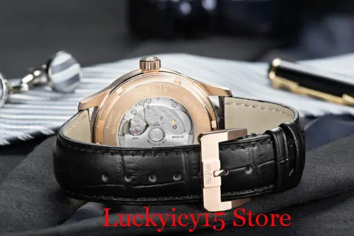 PARNIS Роскошные 26 Jewels Автоматический ход для мужчин t розовое золото чехол Дата месяц неделя индикатор черный циферблат механические мужские наручные часы