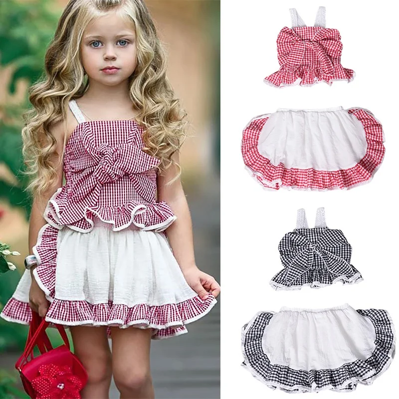 

2019 Summer Kids Girls Clothing Sets Girls Clothes Big Bow Plaid Strap Top T-Shirt+Mini Pleated Culottes 2Pcs Children Clothes