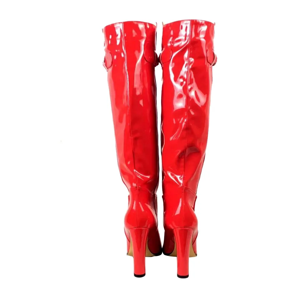 Женские сапоги Сапоги выше колена на высоком каблуке с круглым носком Модные зимние длинные красные лакированный кожаный женский обувь на