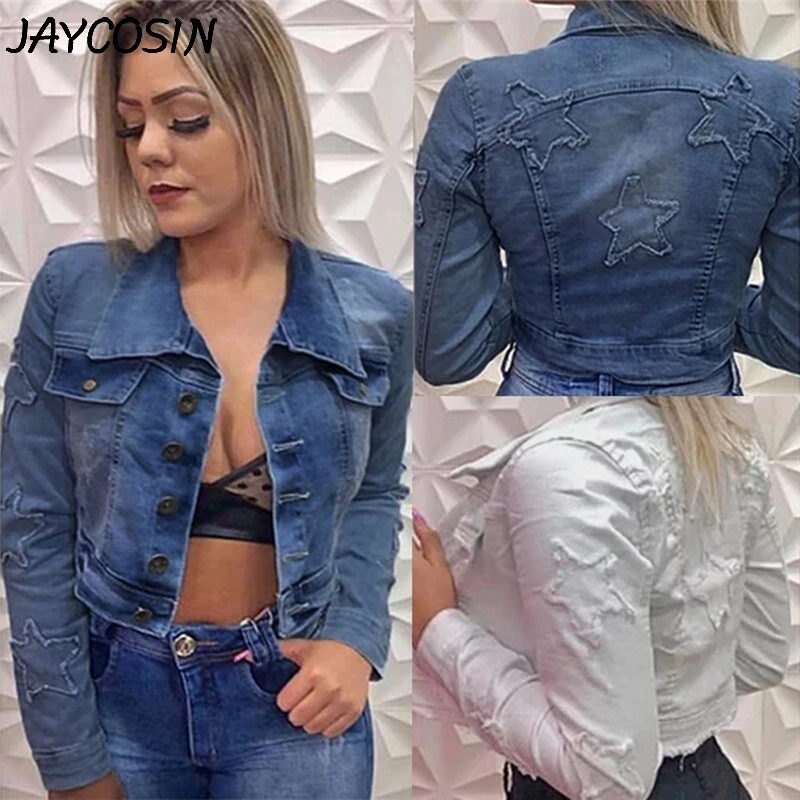 

JAYCOSIN Women Denim Coat Star Print Jean Jacket Casual Street Style Button Short Jacket Overcoat Fashionable Women Coat Outwear