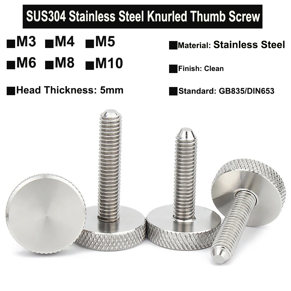 2Pcs~5Pcs M3 M4 M5 M6 M8 M10 SUS304 Stainless Steel Hatching Knurled Thumb Screw GB835 DIN653 Flat Head Hand Tighten Thumb Screw