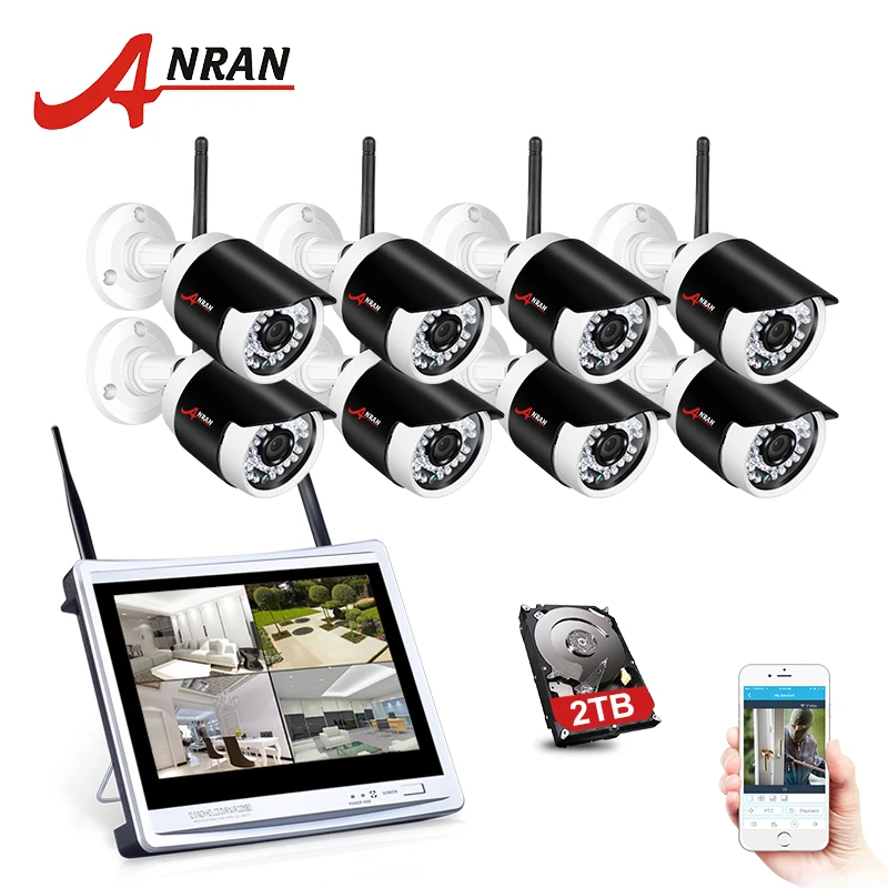 

ANRAN 8CH Wireless Surveillance System 12"LCD Screen Wifi NVR Kit 1080P HD H.265 Outdoor Night Vision Security Camera System