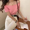 HELIAR Women T-shirts Off Shoulder Knitting Crop Tops Short Sleeve Stretchy Ruffles Hem Tee shirts Women 2022 Summer Crop Tees ► Photo 3/6