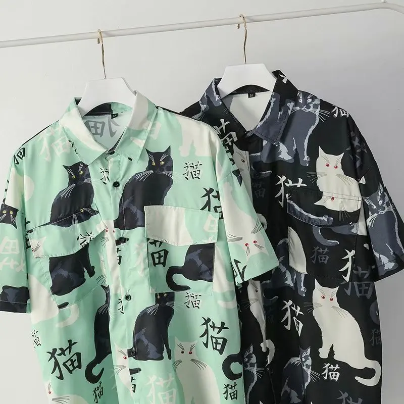 Men Hawaiian Shirt Summer Mens Hawaiian Shirt 3D animal black cat Printed Short lapel Sleeve Big Size Hawaii Men Beach Floral Shirts