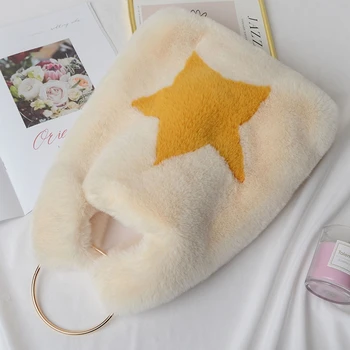 

Women Faux Fur Casual Tote Ladies Winter Large Capacity Handbag Heart-shaped Stitching Messenger Bag Female Soft Shopping Purse