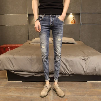 

Vintage Blue Skinny Jeans Men Full Length Slim Fit Ripped Jeans Men Streetwear Hip Hop Denim Casual Pants Men Top Quality 33-28
