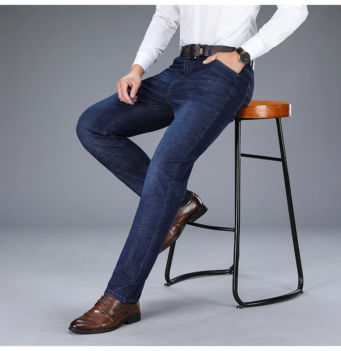 Autumn and Winter Classic Men's Business Fit Jeans Fashion Casual Denim Stretch Trousers Male Brand Pants Black Blue