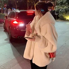 

NEWAutumn Winter Loose Hooded Plush Jacket Large Size Imitation Rabbit Fur Coat Youth Student White Zipper Plush Jacket Cardigan