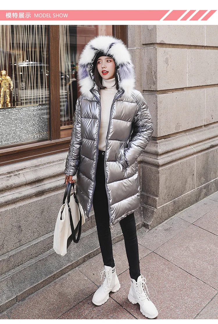 Зимняя куртка Для женщин длинные 2019 Новый Повседневное свободные Глянцевая пальто с капюшоном меховой воротник толстые теплые Для женщин