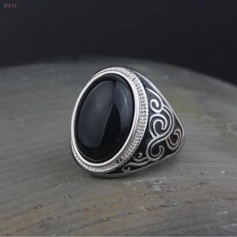 S925 Серебряное кольцо для мужчин, модное, преувеличенное, черный натуральный камень, Открытое кольцо для мужчин и женщин, указательный палец, кольцо для мужчин