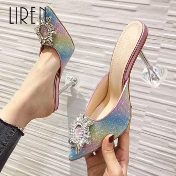 

Big Size 41 Bling High Heels Pumps Women' Slippers Mules Wedding Shoes Clear Thin Heels Party Sandals Slides Crystal Slippers
