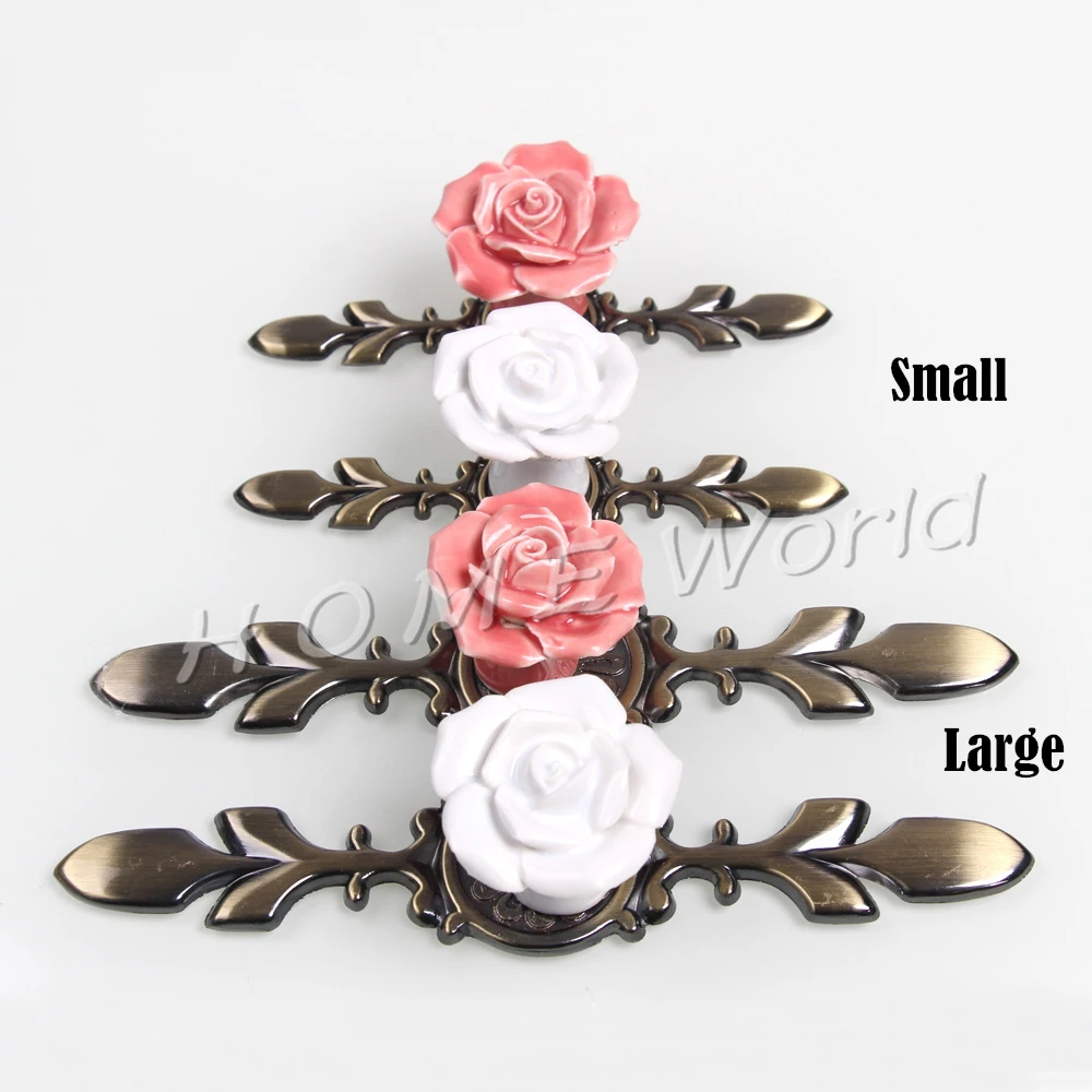Pink Rose Ceramic Alloy Base Door Handles Kitchen Cupboard Closet