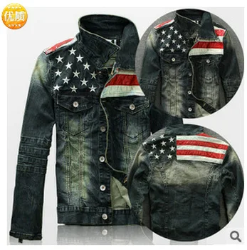 

Summer Fall Mens Coats and Jackets with Stars and Stripes Pattern Hip Hop Jacket Dark Wash Slim Jeans Jacket Moto Denim Jacket