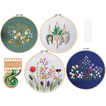 

4 Pack Embroidery Starter Kit with Pattern Full Range of Stamped Embroidery Kits with Embroidery Cloth Bamboo Hoop