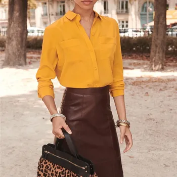 

Women Silk OL Blouse Long Sleeve Turn Down Collar Soft Elegant Lady Office Wear Shirt Top with Double Pockets French Chemise