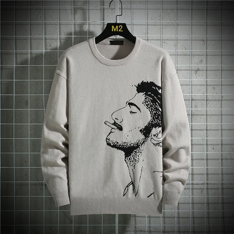 

Autumn and winter new men's casual loose knit sweater youth human face round neck fashion sweater