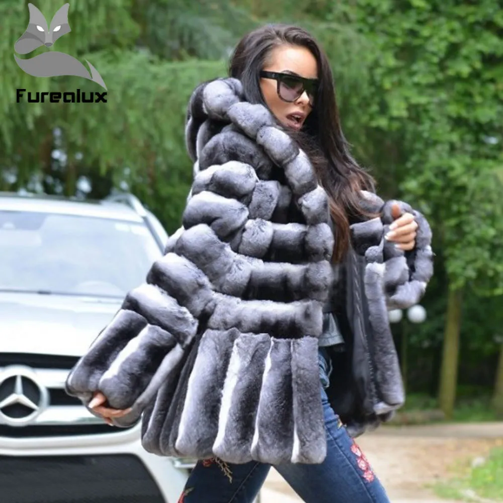 Furealux пальто из натурального меха, зимняя меховая куртка для женщин, Толстая теплая верхняя одежда из меха кролика рекс с капюшоном, модное пальто из меха кролика