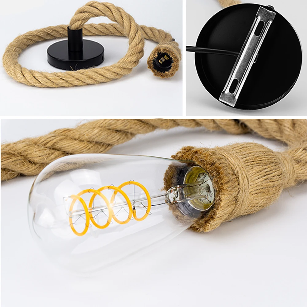 Vintage Hemp Rope Pendant Light Retro Industrial Hanging Lamp Creative Loft Country Style Edison Bulb Home Lamps  Decorations