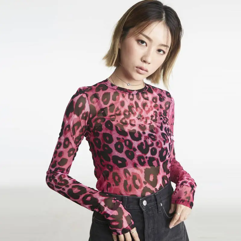 

Harajuku BLACKPINK lisa Streatwear Pink Leopard t shirts women mesh top Vague long sleeve sexy O-neck tee shirt see through
