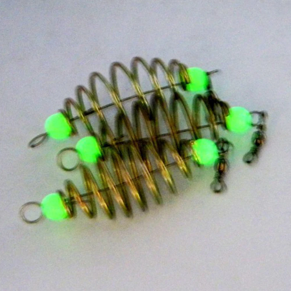 5pcs Holder Carp Spring Fishing Feeder Lure Stainless Steel Bait Inline Hanging Tackle Tool Accessories With Luminous Balls