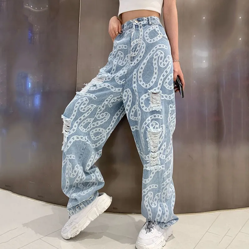 

3XL Women Jeans High Waist Wide Leg Jeans For Women 2021 Summer Fashion Hole Streetwear Hip Hop Vintage Jeans Women