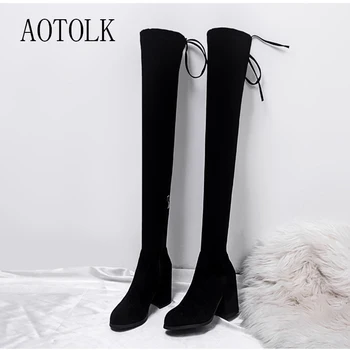 

Women Boots Winter Shoes Brand Thick Heels Over The Knee Female Shoes Lace Up Stretch Fabric Ladies Shoes Plus Size DE