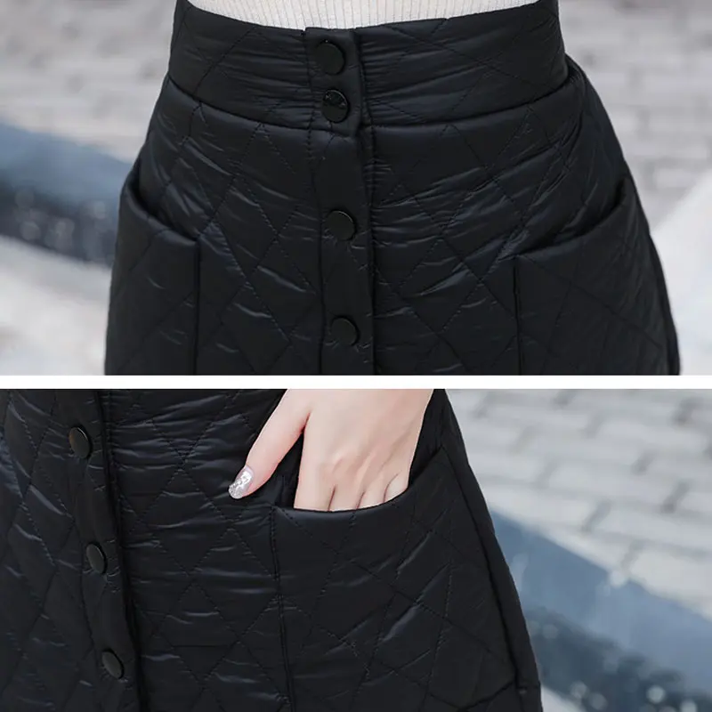 Пуховая хлопчатобумажная юбка женская зимняя плюс размер пуговица карман тонкая обёрточная юбка длинные толстые теплые женские с высокой талией трапециевидные юбки элегантные
