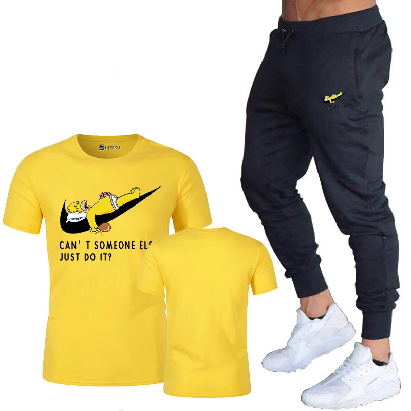 Новинка, фирменный высококачественный Мужской Хлопковый спортивный костюм, футболка с принтом+ штаны, костюм, одежда для фитнеса, мужская повседневная одежда - Цвет: yellow     black