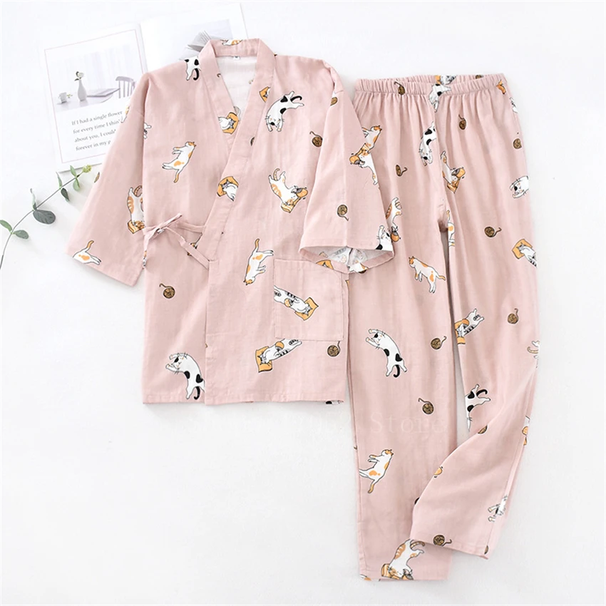 Japanese Kimono 2PCS Lover Clothing Set Kawaii Cat Printed Kimono Yukata Steaming Wear Pajamas Man Woman Bathrobe Nightgown